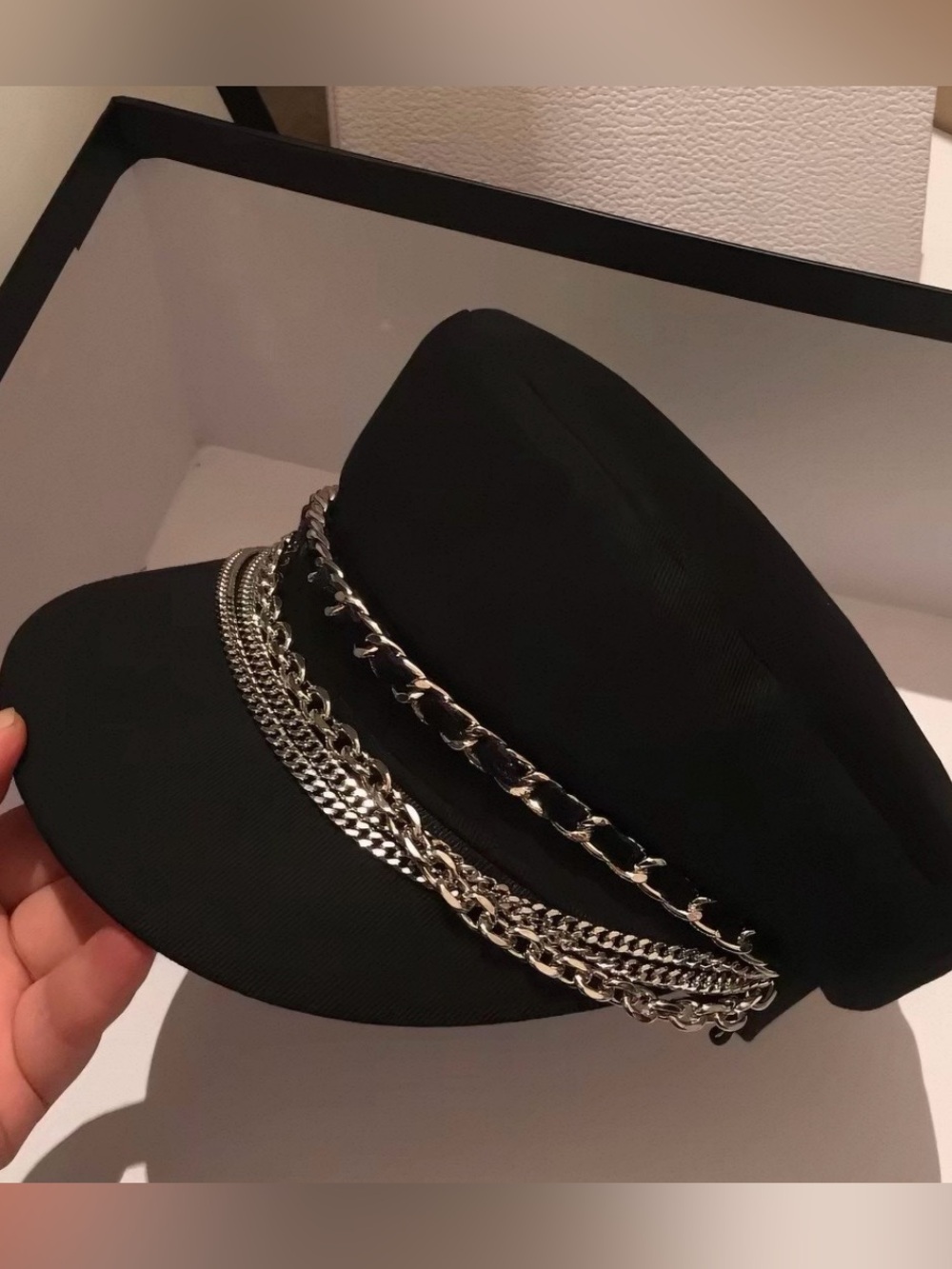 Black Chain-Trim Baker Boy Cap